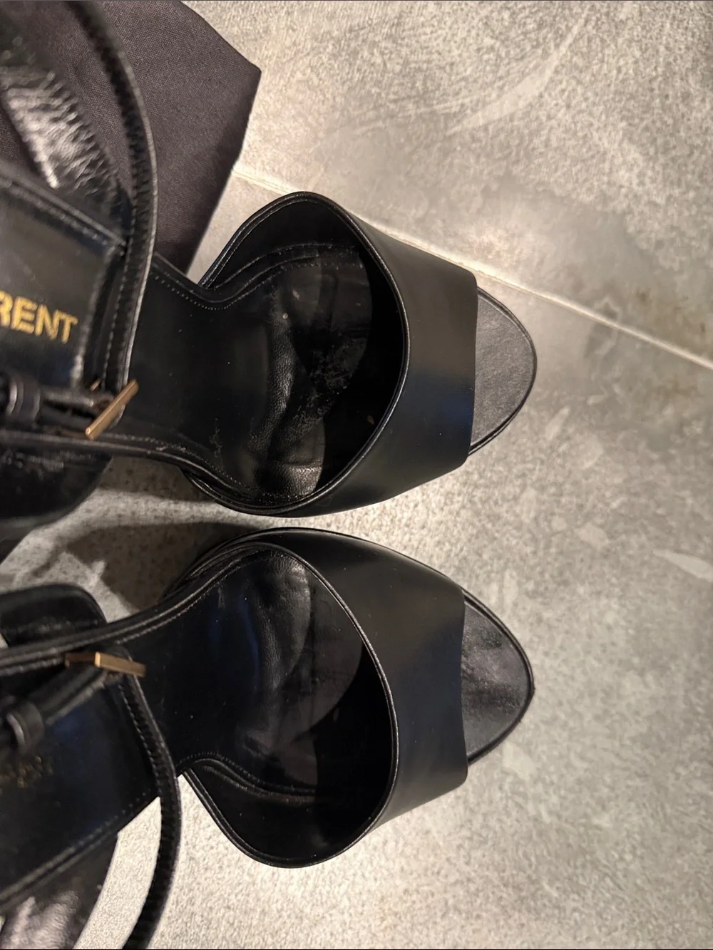 Saint Laurent Black Leather Platform Slingback Sandals with Brown Block Heel